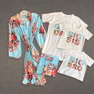 Kimono Robe Mommy and Me Matching Set, Dad Shirt, Personalized Hat. Floral cotton.