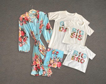 Kimono Robe Mommy and Me Matching Set, Dad Shirt, Personalized Hat. Floral cotton.