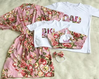 Floral Cotton Maternity Robe and Matching Dad shirt, Blanket: Mommy and Me Hospital Outfit