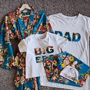 Mommy and Me Matching Set, Dad Shirt, Personalized Hat. Floral cotton Kimono Robe.