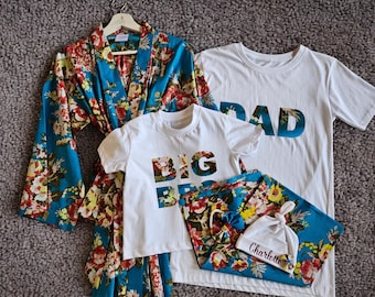 Mommy and Me Matching Set, Dad Shirt, Personalized Hat. Floral cotton Kimono Robe.