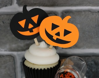 Jack-O-Lantern Cupcake Toppers, Black and Orange, Qty 12