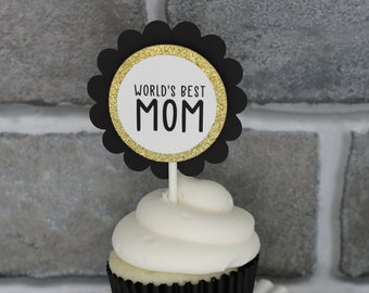 Gold Glitter World's Mom Cupcake Toppers, Set of 12