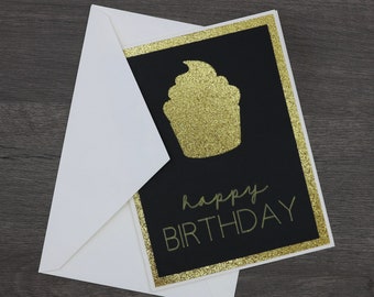 Happy Birthday Card, Cupcake Birthday Card, Glitter Birthday Card, Simple Birthday Card, Black Birthday Card, Gold Birthday Card, Qty 1