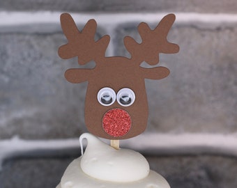 Reindeer Cupcake Toppers: Red Nose Christmas Cake Picks (Qty 12)