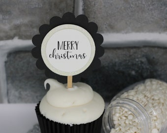 Merry Christmas Cupcake Toppers | Black & White Holiday Party Decorations, Qty 12