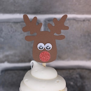 Reindeer Cupcake Toppers, Christmas Cupcake Toppers, Reindeer Cake Picks, Rudolph Cupcake Toppers, Red Nose Cupcake Toppers, Qty 12