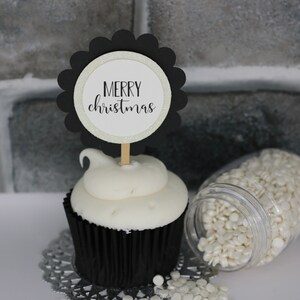 Merry Christmas Cupcake Toppers, Black White Christmas Cupcake Toppers, Christmas Cupcake Picks, Black White Christmas Cupcake Picks, Qty 12