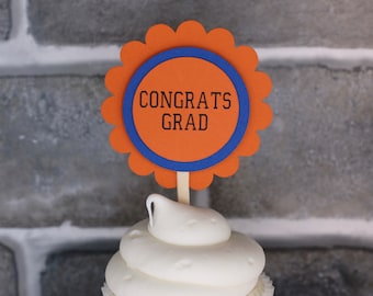 Orange and Blue Graduation Cupcake Toppers, Qty 12