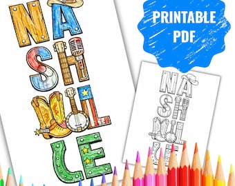 Nashville Coloring Page Printable | Tennessee Activity Page | Cowboy Boots Hat Banjo | Instant Download