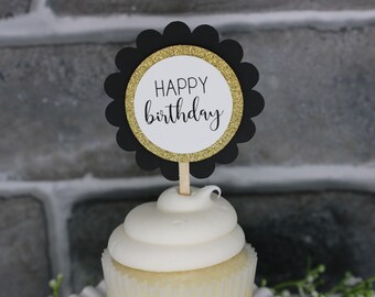 Black & Gold Happy Birthday Cupcake Toppers, Qty 12