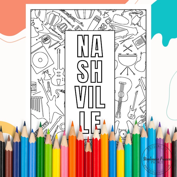 Nashville Coloring Page, Music City Coloring Sheet, Nashville Music Coloring Page, Musical Instrument Coloring Sheet, Digital Download
