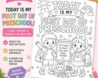 Pagina da colorare per il primo giorno di asilo / Foglio da colorare stampabile per il ritorno a scuola (download digitale)