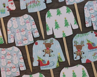 Ugly Christmas Sweater Cupcake Toppers | Christmas Party Decorations, Qty 12