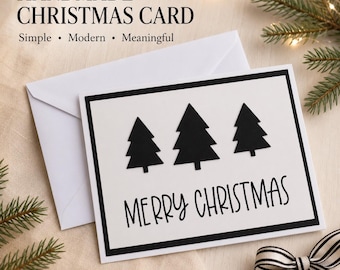 Biglietto di auguri natalizio in bianco e nero con albero di Natale / Biglietto di auguri moderno e minimalista per le feste