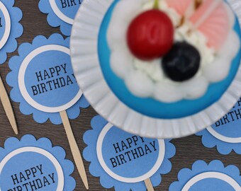 Blue and White Birthday Cupcake Toppers, Qty 12