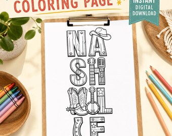 Pagina da colorare con scritte di Nashville / Stampabile a tema musica country / Disegno da colorare del Tennessee (Download digitale)