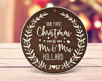 Rustic wood First Christmas as Mr & Mrs Ornament Our First Christmas Married Ornament Our First Christmas Ornament Wedding Ornament Wood 2b