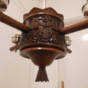 Art Deco  chandelier, mahogany wood,  in style of Dagober Peche-1920s