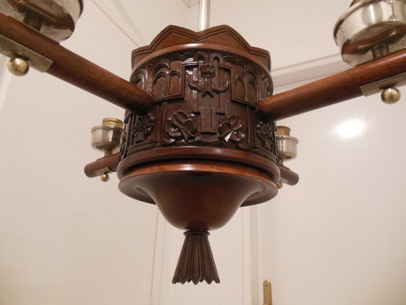 Art Deco  chandelier, mahogany wood,  in style of Dagober Peche-1920s