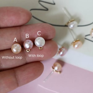 2pcs 7mm Natural White Pink Purple Pearl Bead Earring Posts, Pieces, Earring Making Post Stud Connector Finding With Loop 14k Gold Plated