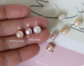 2pcs 7mm Natural White Pink Purple Pearl Bead Earring Posts, Pieces, Earring Making Post Stud Connector Finding With Loop 14k Gold Plated