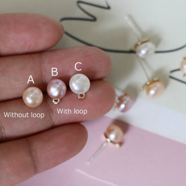 2pcs 7mm Natural White Pink Purple Pearl Bead Earring Posts, Pieces, Earring Making Post Stud Connector Finding With Loop 14k Gold Plated