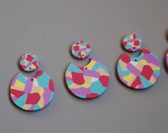 6pcs Round Fimo Clay Dangle Stud Earring Charms Pendants, Color Blocking Fimo Art Effect Neckalce Jewelry Pendants, Fimo Pieces