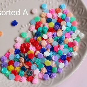 100pcs Mixed Color 10MM Resin Rose Flower Flat Back Pink Resin Cabochon (No Hole)