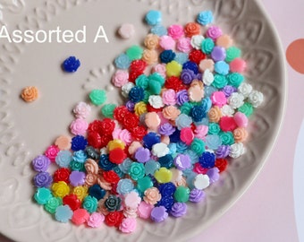 100pcs Mixed Color 10MM Resin Rose Flower Flat Back Pink Resin Cabochon (No Hole)