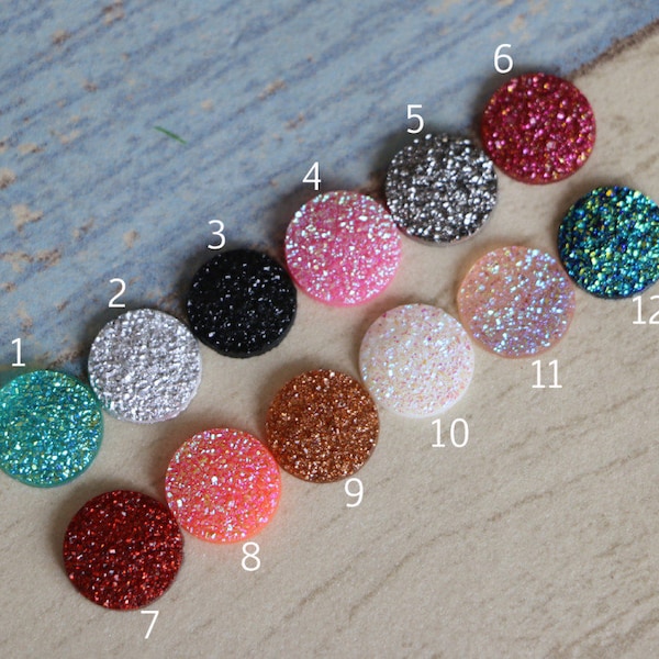20pcs 12mm Faux Druzy Round Cabochon Iridescent AB Sparkle Flatback Resin Faux Druzy Jewelry Drusy Cab Decor Craft