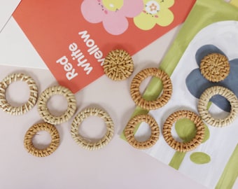 4pcs Handwoven Rattan Wooden Straw Earring Pieces - Rattan Wood Earring Hoops, Round Shaped Rattan Pendant, Woven Boho Jewelery Findings