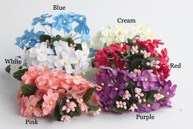 Red Purple Flowers 12 Stem Fabric Craft Supply Vintage Miniature Floral Arrangement Wired Mini Artificial Flowers Millinery Wedding Favor Scrapbooking Papercraft