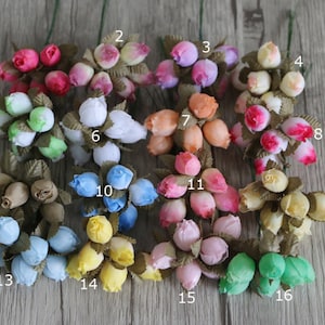 Stelletje 6-miniatuur modevak bedrade bloemen bos, ranonkelknoppen, zijden kunstmatige roos bloemknoppen, bruidshaaraccessoires kroon, woondecoratie