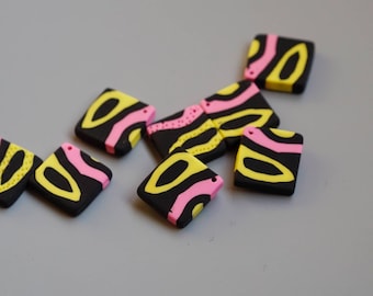 6pcs Hip-pop Fimo Clay Dangle Stud Earring Charms Pendants, Square Fimo Art Effect Neckalce Jewelry Pendants, Black Fimo Pieces