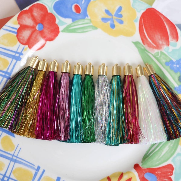 4pcs-Tinsel Tassel, Gold Metallic Tinsel Tassels, 2.75" Festive Holiday Decor, Jewelry Making, Sparkly Earring Tassels for Party Accessories