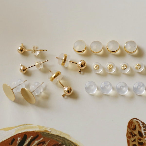 50pcs 925 Sterling Silver Earnuts, Clear Gold Rubber Silicone Earring Clutch Stoppers, Butterfly Earring Stud Backs Stoppers, 6.5mm