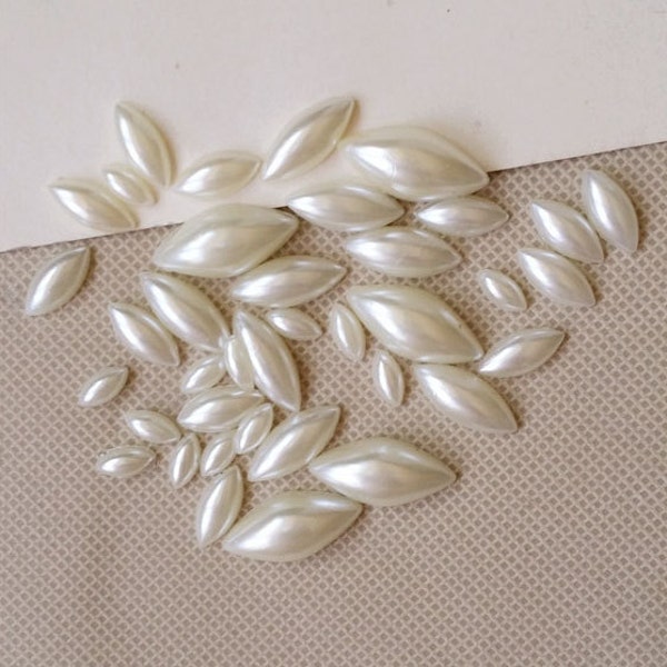 50pcs Flatback Pearl Cream Pearl Cabochon Faux Navette Pearl Cab Marquis Ivory Pearl Cab Accessories Embelishment Beads