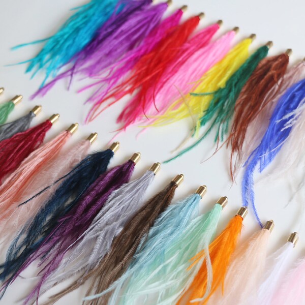 2 Pcs- Ostrich Feather Tassel Tassels, 6 x 10mm Cap, Feather Fringe 12cm-15cm, For Making Boho Feather Earrings, Necklace Jewelry Tassel