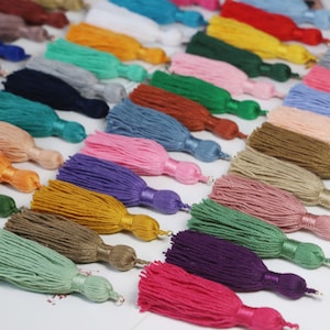 May include: A collection of colorful tassels in various shades, including pink, green, yellow, and blue. Each tassel features a looped top and a decorative band, with a silver-colored metal loop at the top. The tassels are arranged closely together, creating a vibrant display.