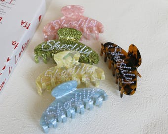 Custom Hair Claw, White Pearl Customized Name Claw Clip, Personalized Hair Claw Clip, Custom Name Bridesmaid Wedding Gift Hair Accessories