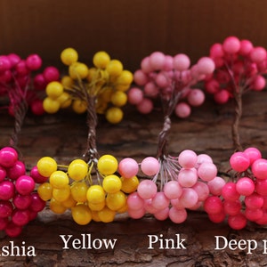 May include: Five sprigs of faux berries in various shades of pink and yellow. The sprigs are arranged in a row on a wooden surface. The colors are labeled "Fuschia", "Yellow", "Pink", and "Deep pink".