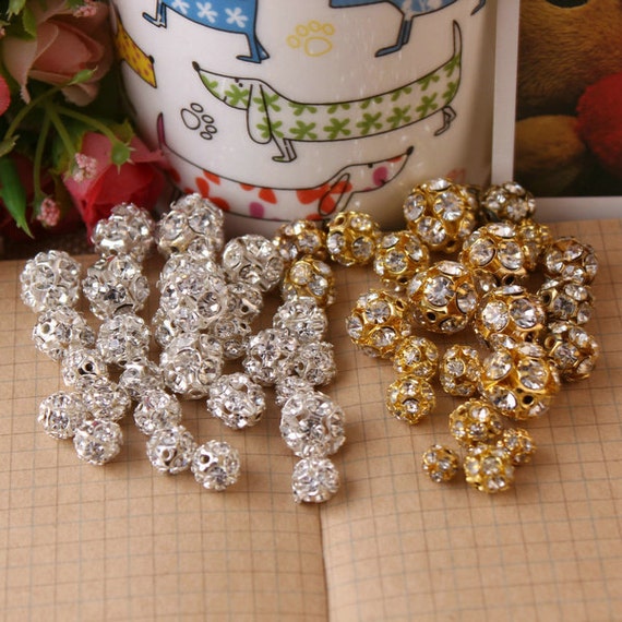 10pcs-6/8/10/12/14mm Gold Silver Fire Ball Round Rhinestone Spacer Bead  Beads Clear Crystal Rhinestone Prong set Craft Findings