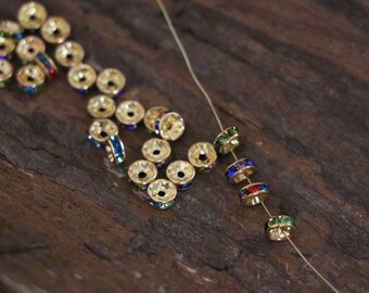 50pcs 6mm Gold Spacer Beads Multicolor Crystal Rhinestone Round Rondelle Spacer Beads Jewelry Finding Jewelry Component Wheel Beads Pendant