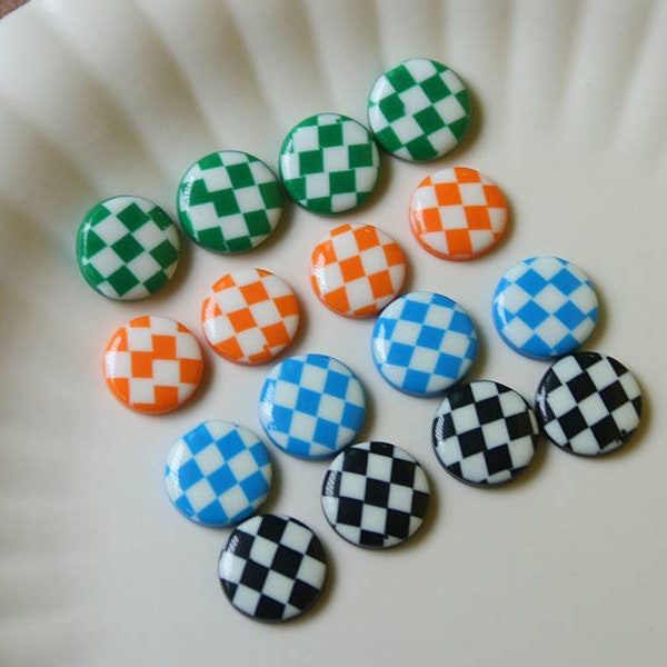20pcs 15mm Round Green Resin Cab, Orange Checkered Resin  Cabs Cabochon, Chess Earring Cab, No Hole