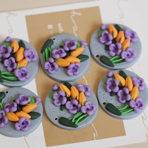 6pcs - Purple Clover Flowers Polyer Clay Fimo Clay for Earrings, Round Fimo Pieces Fimo Pendants, Fimo Polyer Clay Necklace Jewelry Charms