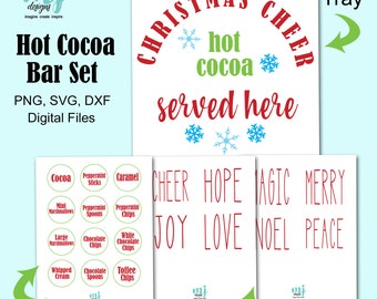 Hot Cocoa Bar Digital Files, SVG, DXF, PNG files  - Christmas Cheer Hot Cocoa Served Here Tray and Mug Designs, Cricut and Silhouette