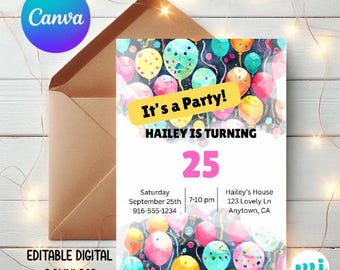 Editable Party Balloons Birthday Invitation