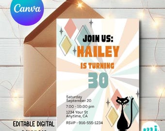 Editable Retro Atomic Cat Birthday Invitation