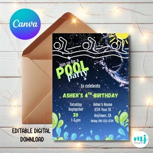 Bearbeitbare Pool-Party-Geburtstags-Einladung, Sommer-Geburtstags-Party einladen, Pool-Party-Einladung, am Pool, Canva-Vorlage, Sofort-Download